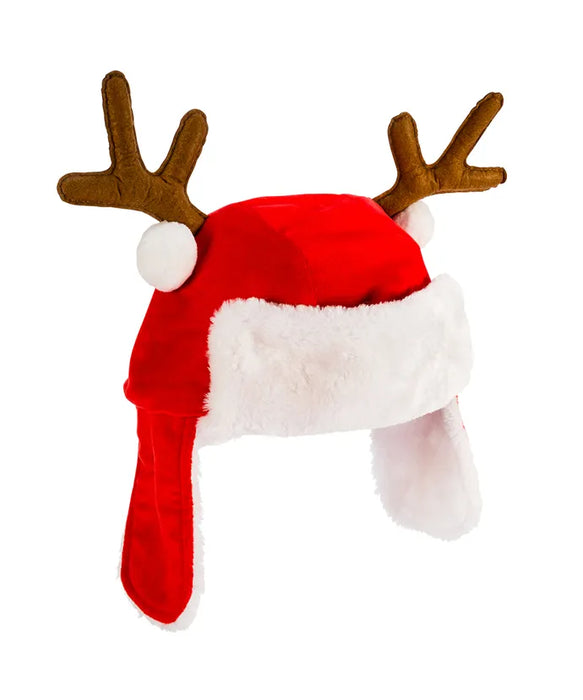 Red Plush Santa Hat With Antlers