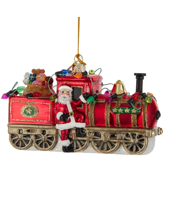 Glass Santa With Train Ornament