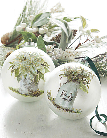 Winter Farmhouse Floral Ball Ornament - Joy - Poinsettia