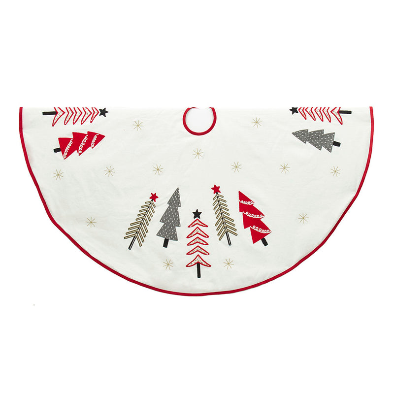 Ivory, Green and Red Tree Embroidered Tree Skirt