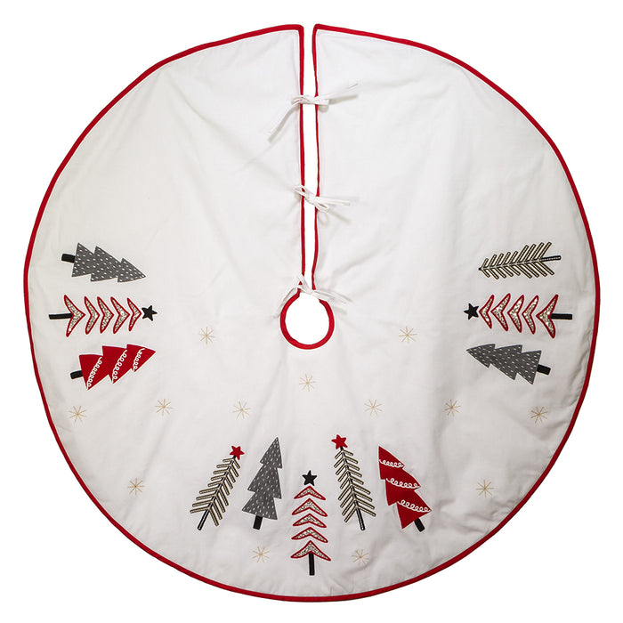 Ivory, Green and Red Tree Embroidered Tree Skirt