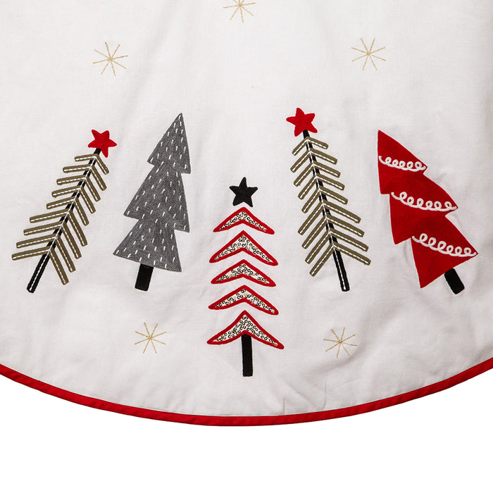 Ivory, Green and Red Tree Embroidered Tree Skirt