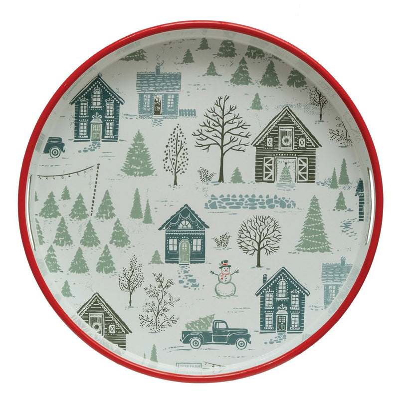 Round Enameled Christmas Tree Farm Metal Tray