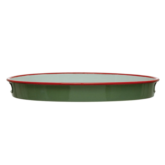 Round Enameled Christmas Tree Farm Metal Tray